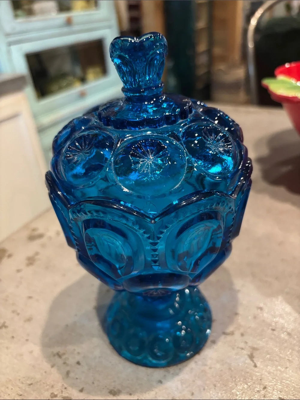 Gorgeous Blue antique Decorative Covered Candy Dish - Elegant Glass Pedestal Jar